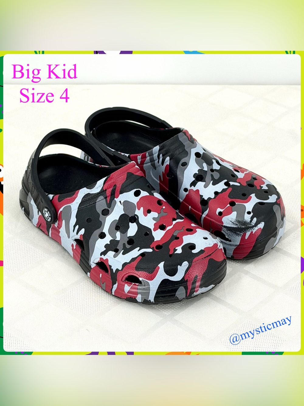 Red Black Gray UNISEX CAMOUFLAGE CLOGS Marble Swirl Sandals Shoes Big Kid Size 4